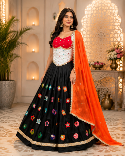 Premium Real Mirror Work Lehenga Set with Contrast Dupatta – 3-Piece Ethnic Ensemble
