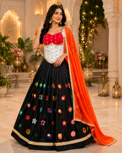 Premium Real Mirror Work Lehenga Set with Contrast Dupatta – 3-Piece Ethnic Ensemble