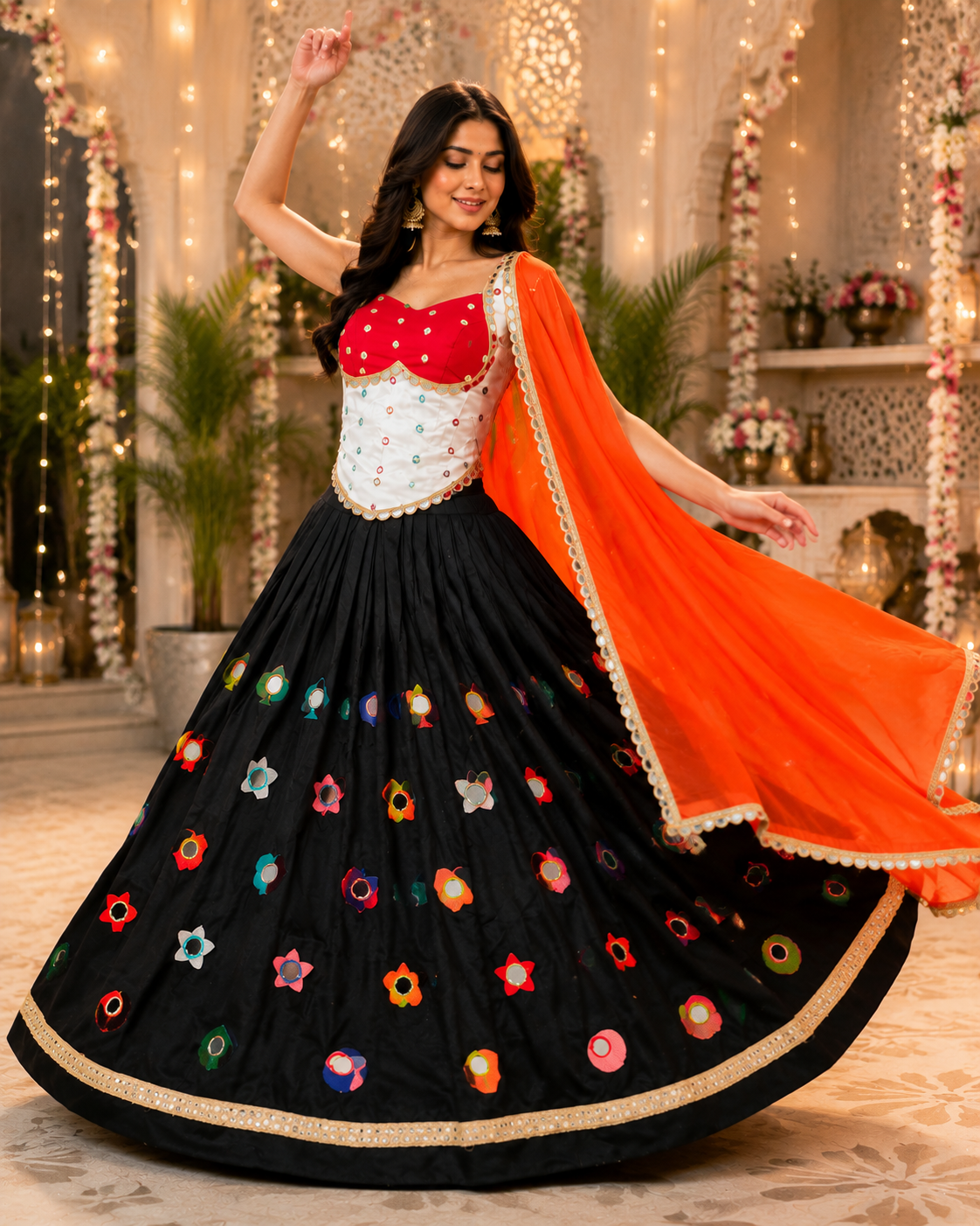 Premium Real Mirror Work Lehenga Set with Contrast Dupatta – 3-Piece Ethnic Ensemble