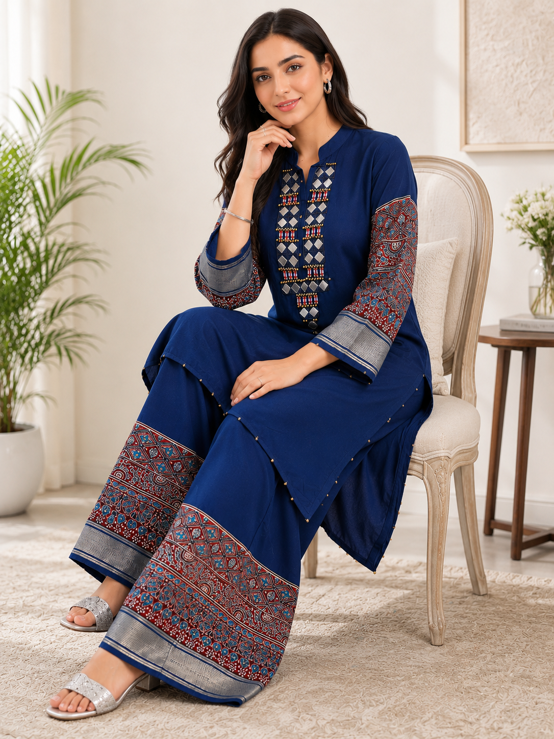 Blue Ajrakh Print Mirror Work Co-Ord Set for Women
