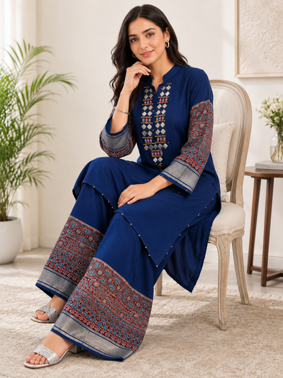 Blue Ajrakh Print Mirror Work Co-Ord Set for Women