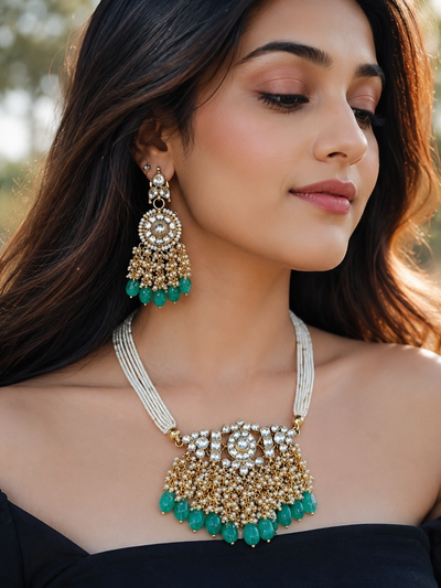 Choker Necklace Set with Pearl & Green Bead Drops