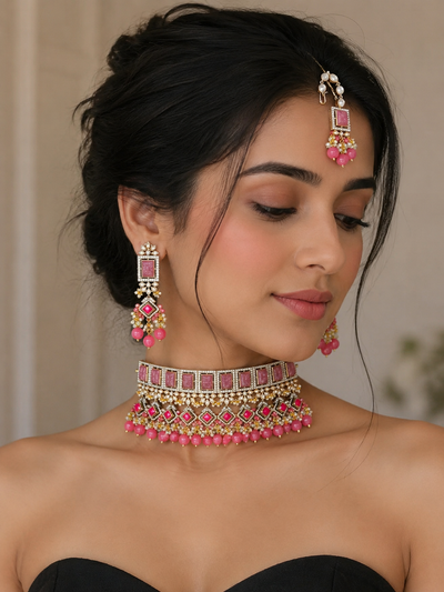 Pink Kundan Statement Choker Necklace Set with Matching Earrings & Maang Tikka