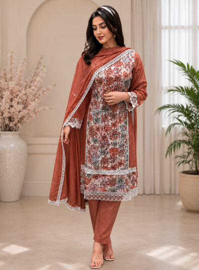 Cotton Silk Suit Set with Elegant Thread Embroidery &amp; Delicate Lace Work