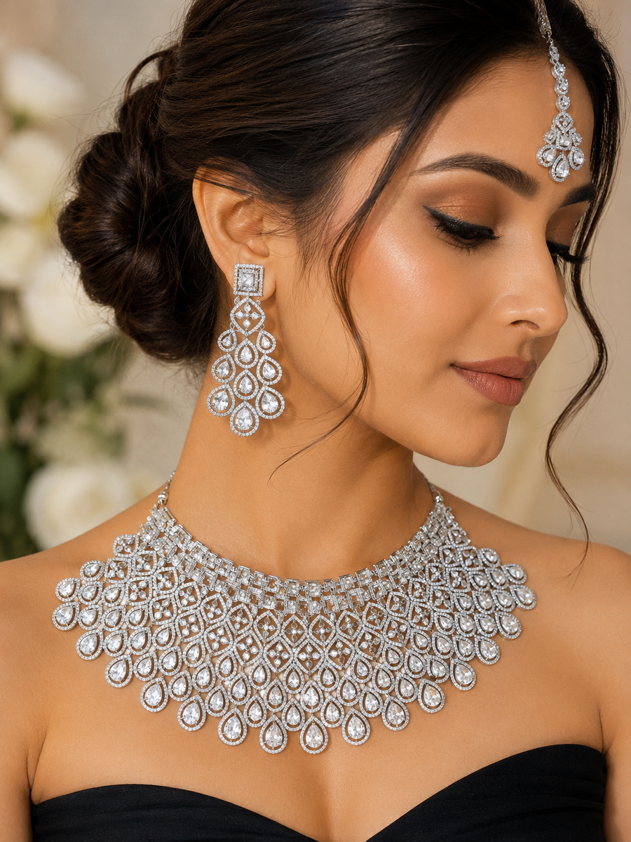 American Diamond Choker Set with Earrings & Maang Teeka for Women