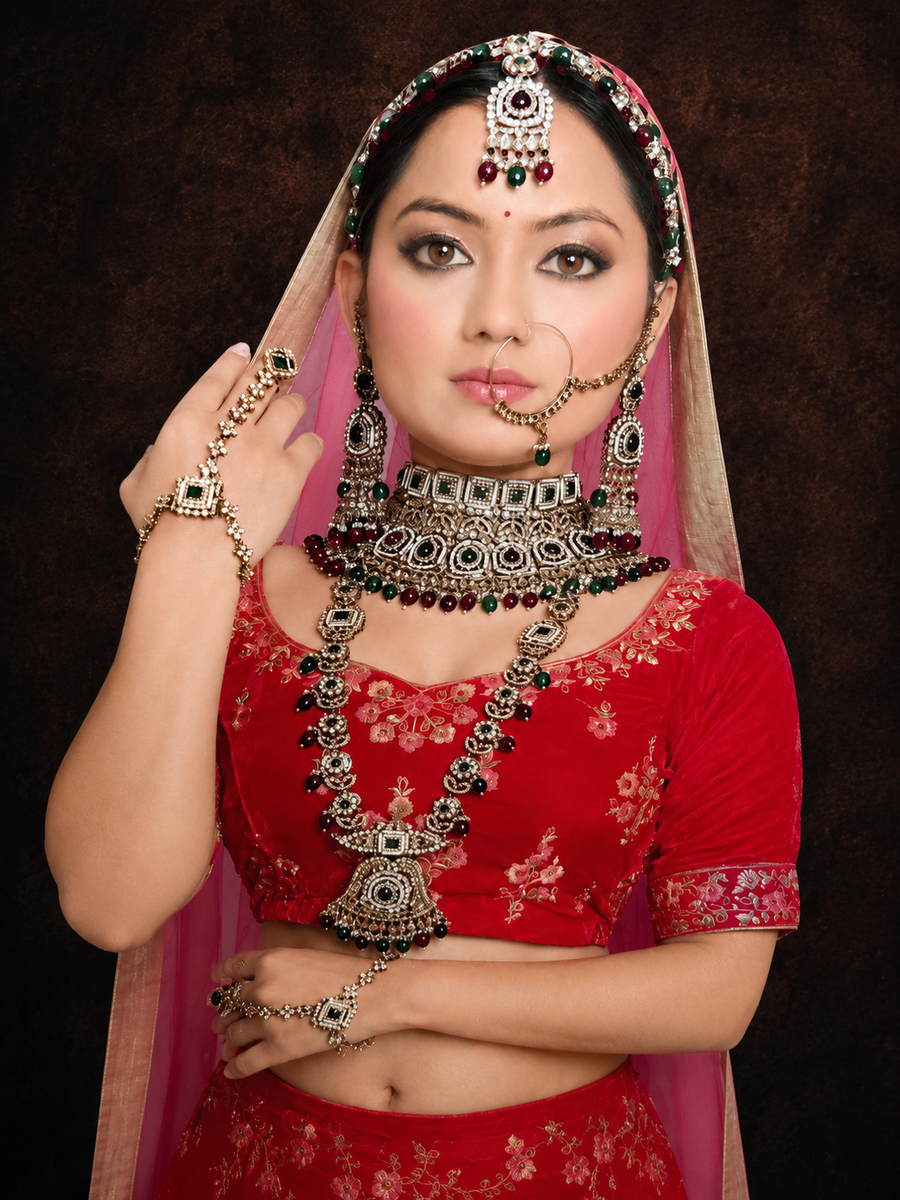 Bridal Necklace, Earrings, Mathapatti, Passa, Ring Bracelet & Nose Ring Set for Women