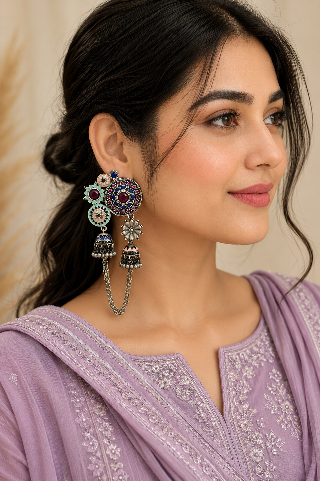 Silver Double Jhumki Rangeeli Earrings with Enamel & Pearl Drops
