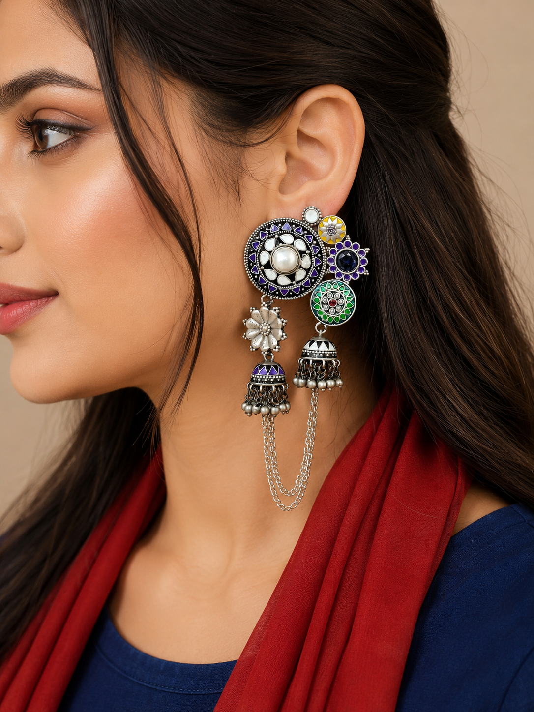 Silver Double Jhumki Rangeeli Earrings with Enamel & Pearl Drops