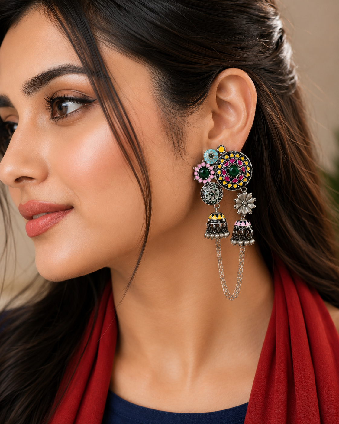 Silver Double Jhumki Rangeeli Earrings with Enamel & Pearl Drops