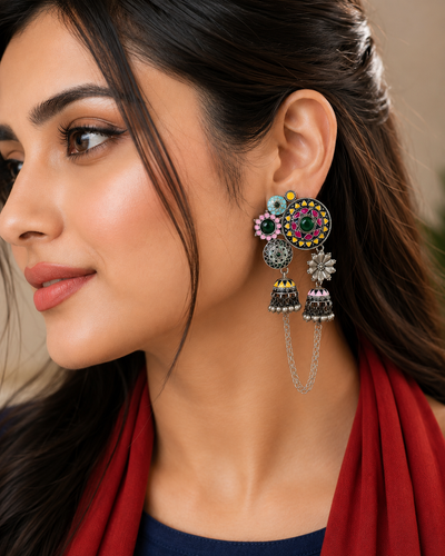 Silver Double Jhumki Rangeeli Earrings with Enamel & Pearl Drops