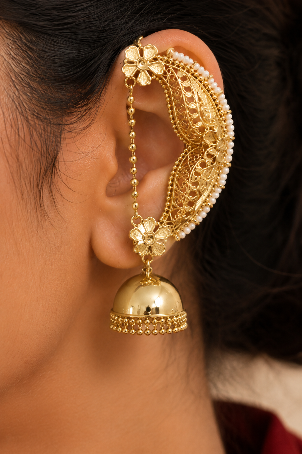 Ear Cuff Jhumka Earrings with Pearl Drops