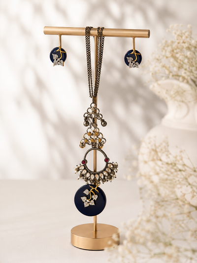 Pendant Necklace & Matching Earrings Set Oxidized Silver Finish