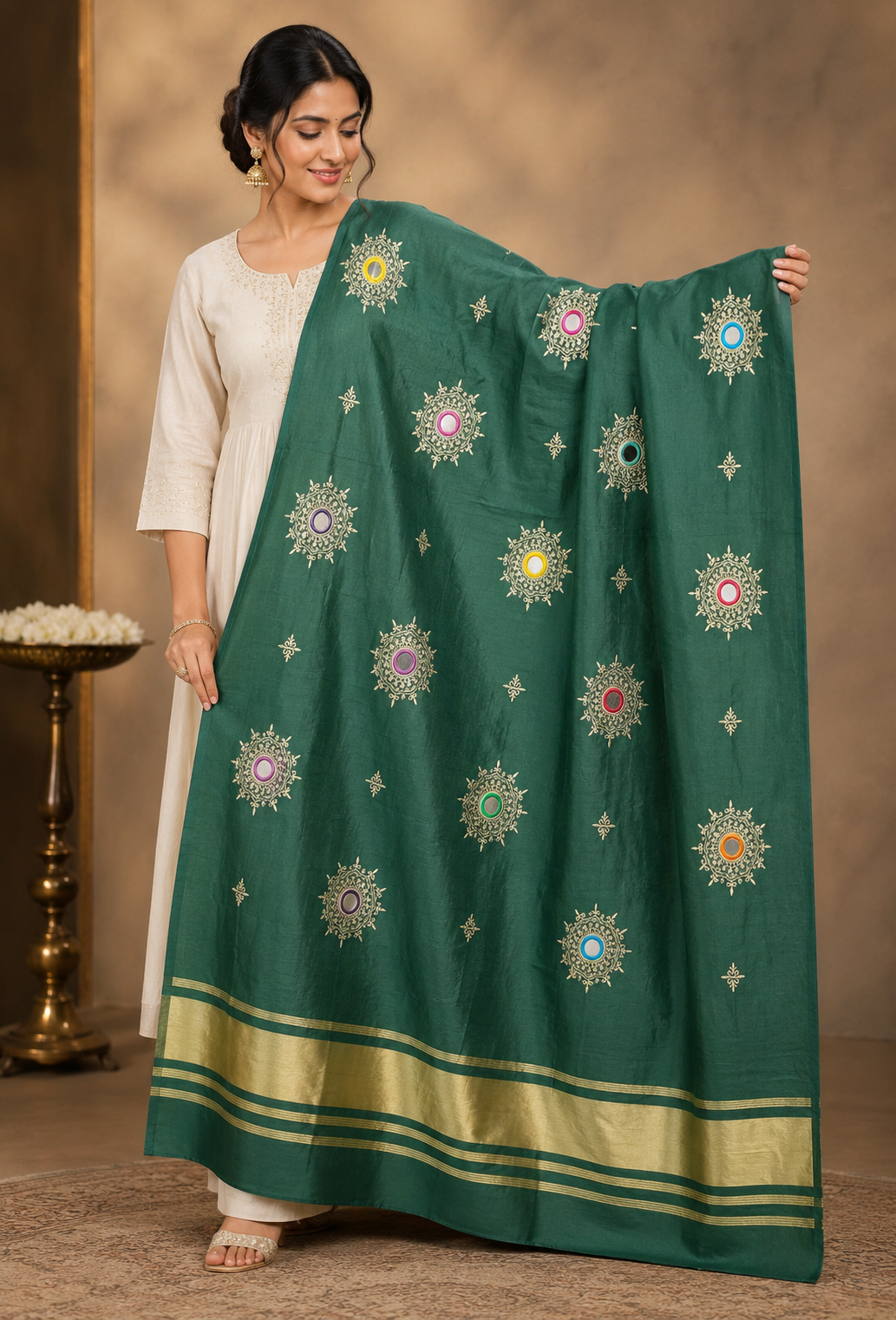 Rayon Dupatta with Mirror Work, Kasab Embroidery & Lace Border