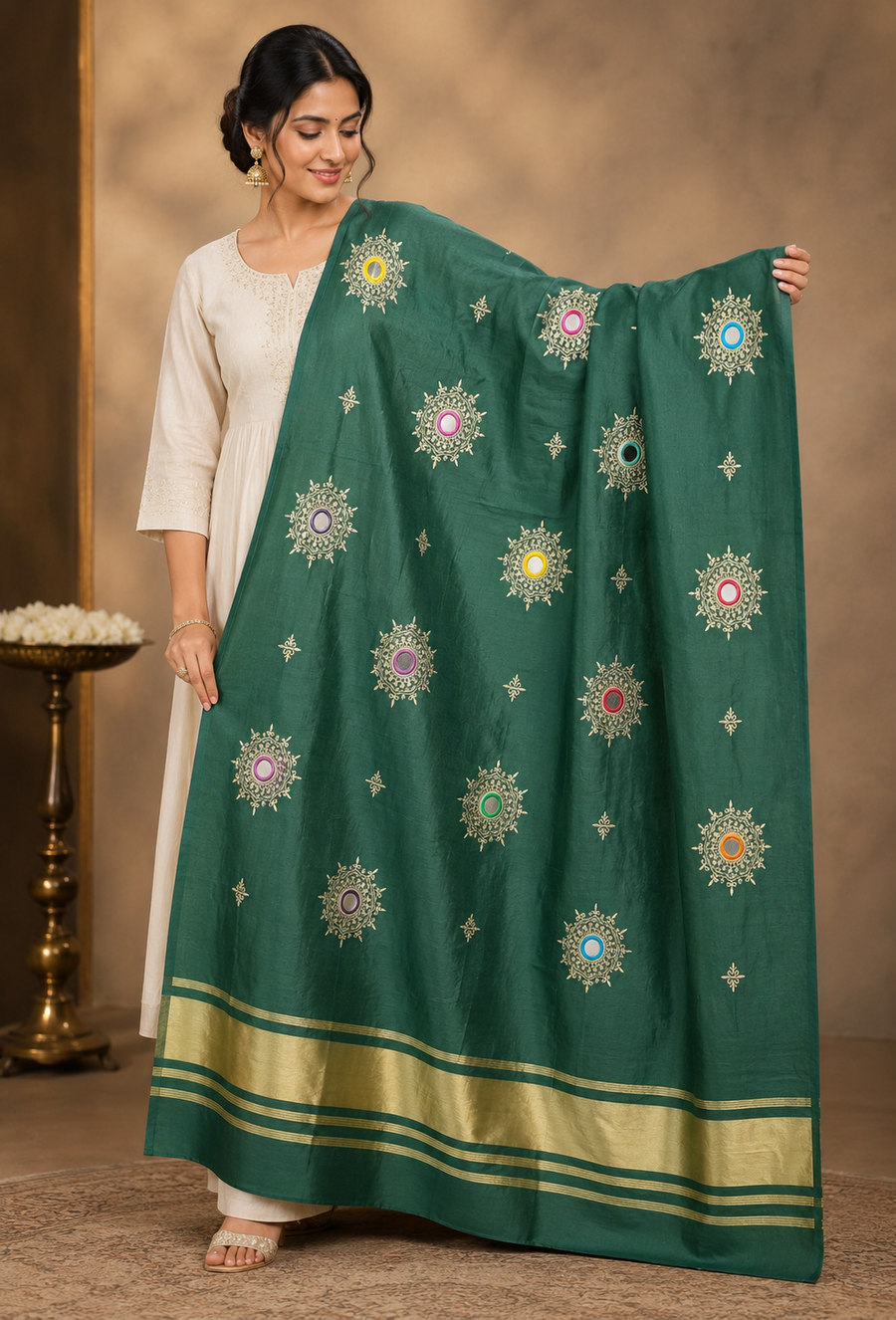 Rayon Dupatta with Mirror Work, Kasab Embroidery & Lace Border