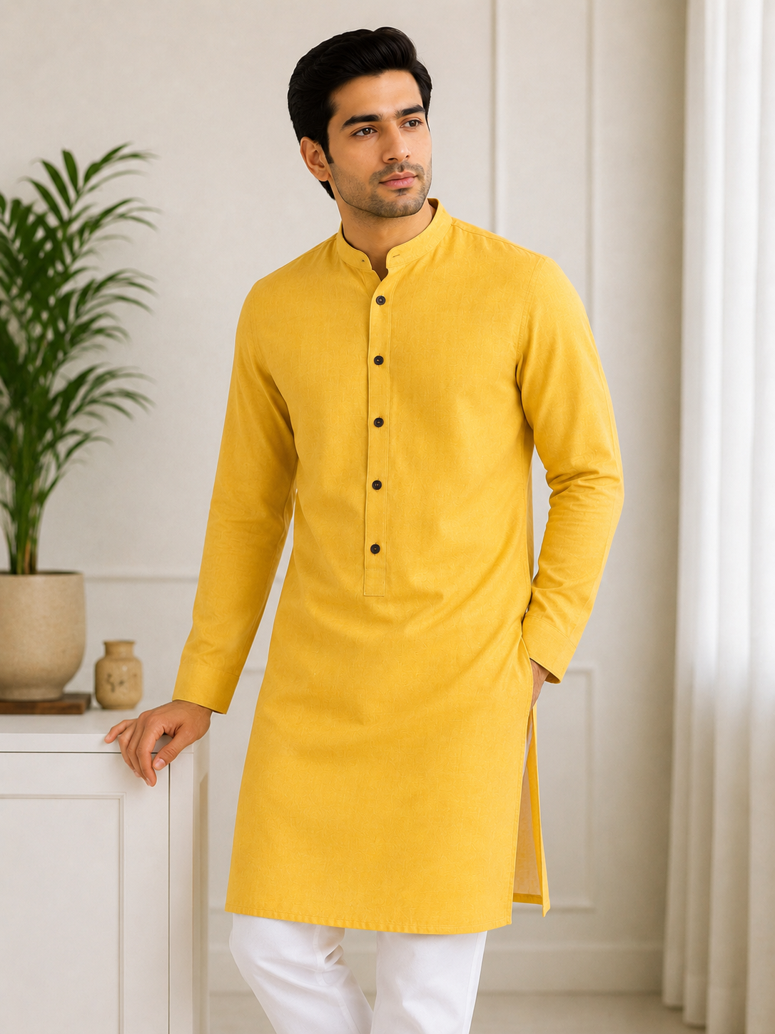 Classic Plain Kurta Set with White Pants