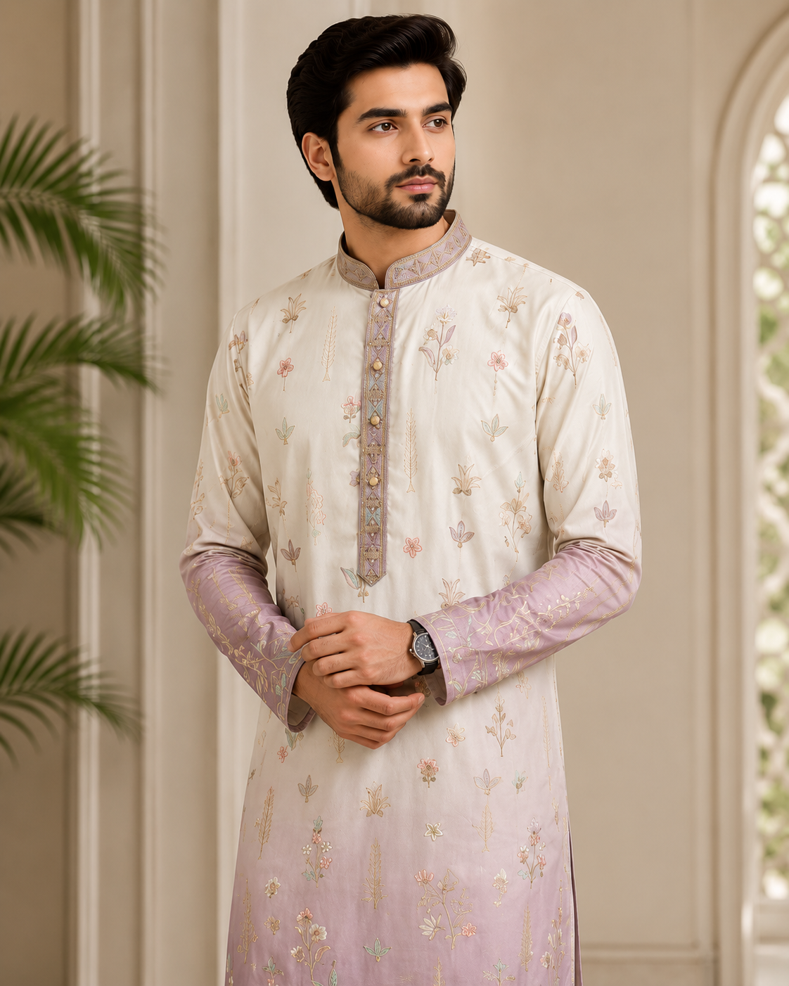 Men’s Silk Blend Embroidered Straight Kurta Set in Royal Blue with White Pants