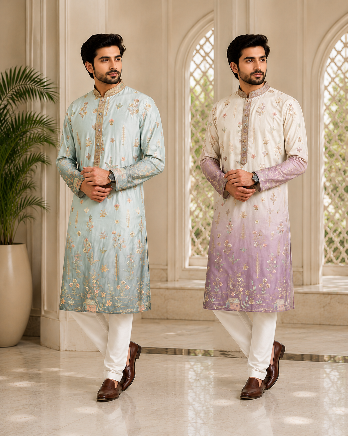 Men’s Silk Blend Embroidered Straight Kurta Set in Royal Blue with White Pants