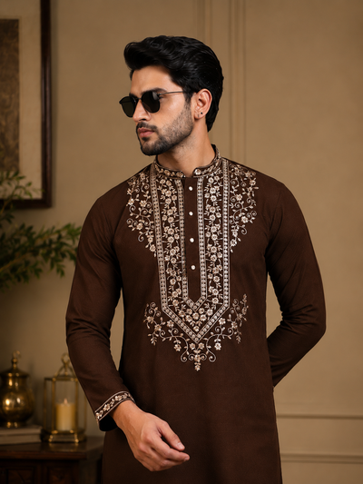 Men’s Thread & Sequin Embroidered Kurta Set with White Pants