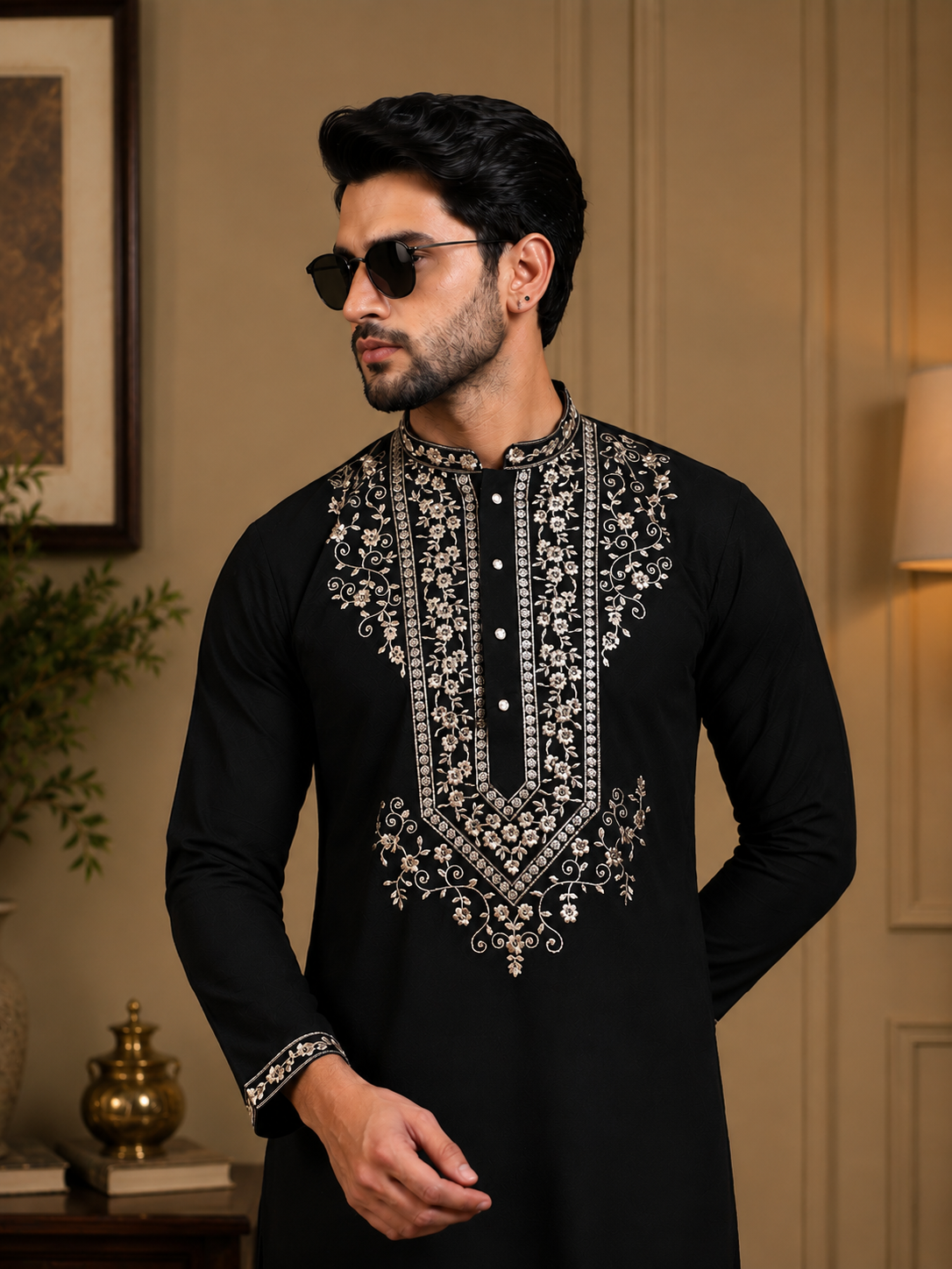 Men’s Thread & Sequin Embroidered Kurta Set with White Pants