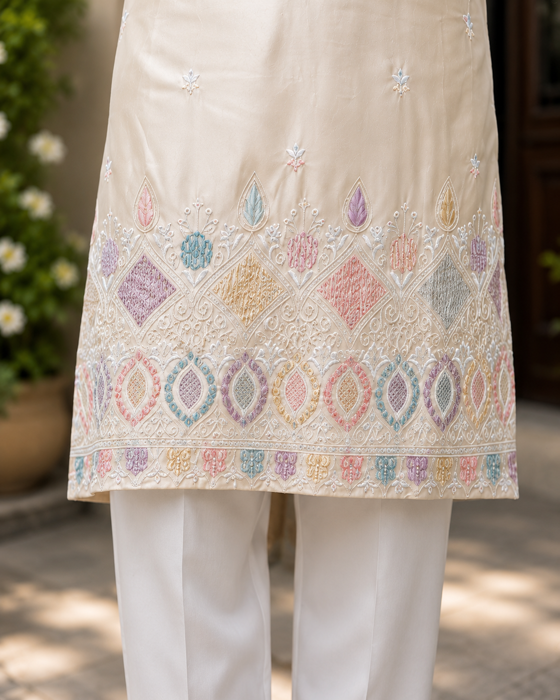 Men’s Embroidery & Sequin Kurta with White Pants