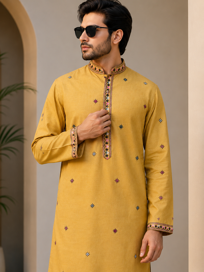 Men’s Thread & Sequin Embroidered Straight Kurta with White Pants for Wedding & Festive Wear