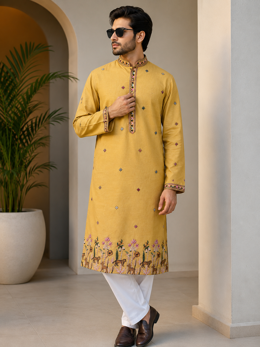 Men’s Thread & Sequin Embroidered Straight Kurta with White Pants for Wedding & Festive Wear