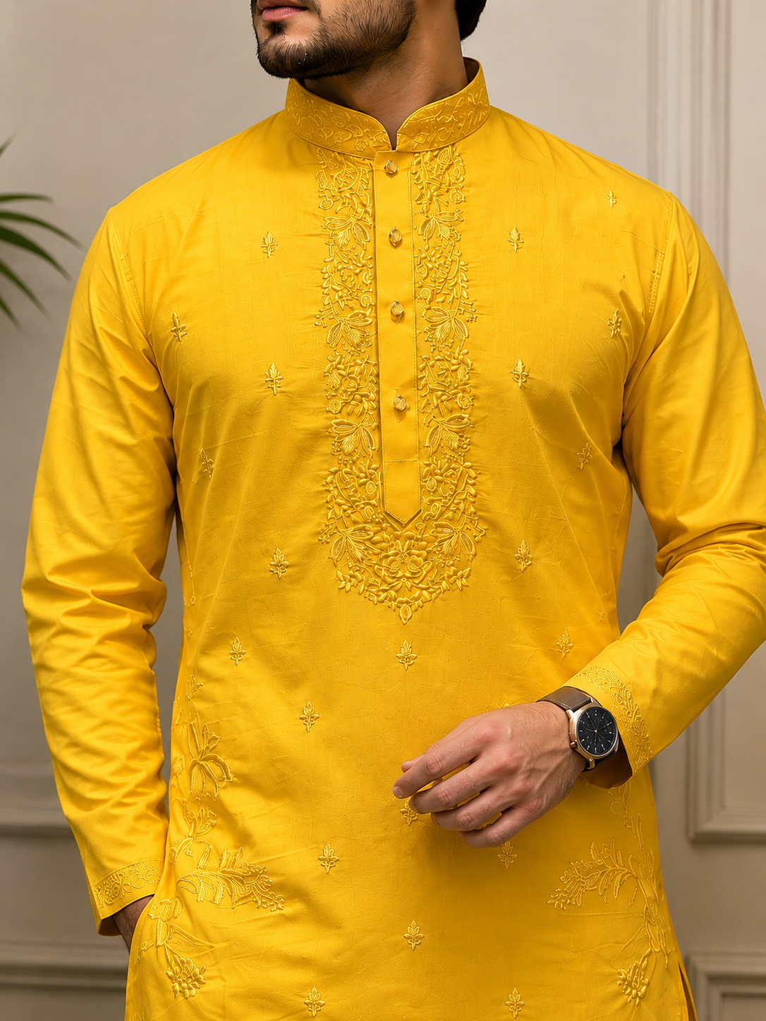 Mustard Yellow Embroidered Kurta Pajama Set for Men – Festive & Wedding Wear