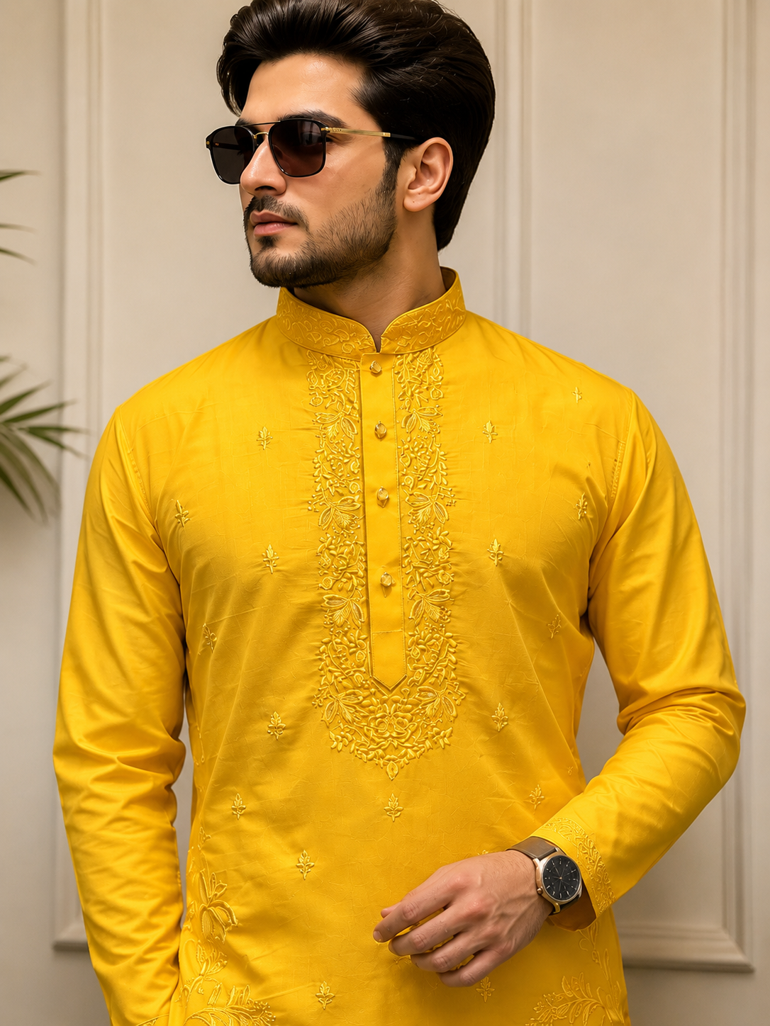 Mustard Yellow Embroidered Kurta Pajama Set for Men – Festive & Wedding Wear