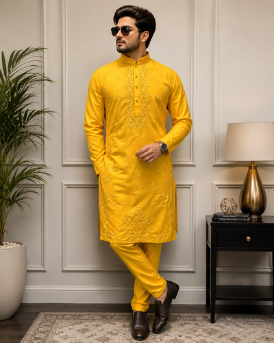 Mustard Yellow Embroidered Kurta Pajama Set for Men – Festive & Wedding Wear