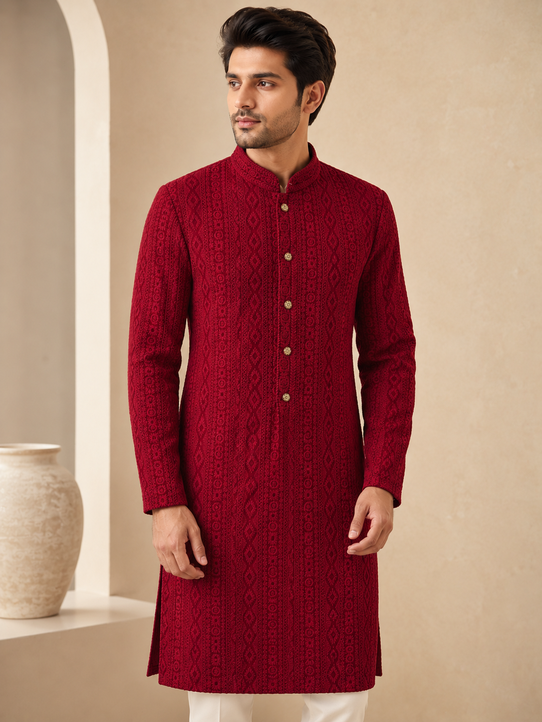Maroon Chikankari Georgette Kurta Set with White Pants ✨