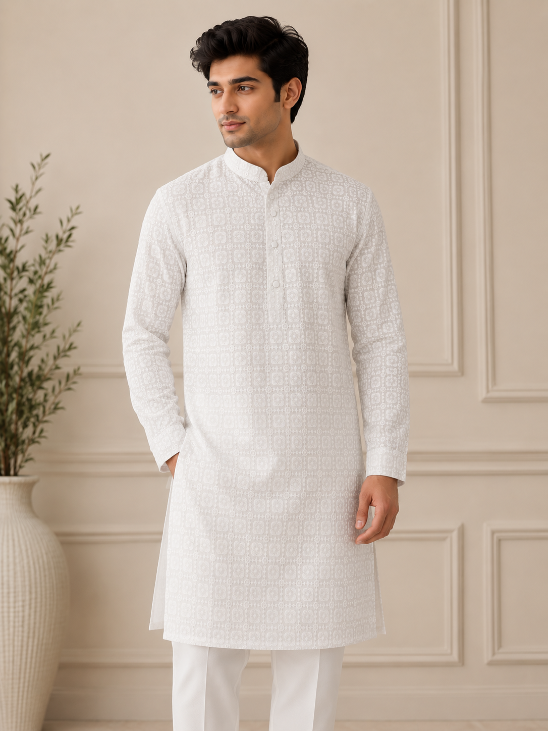 Chikankari Georgette Kurta Set with White Pants