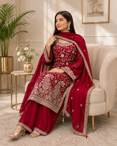Elegant Georgette Heavy Embroidery Kurta Pant Set with Dupatta