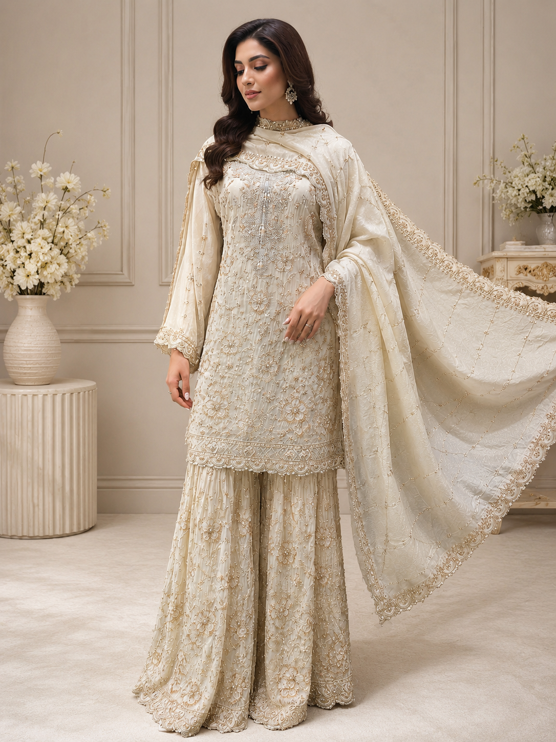 Premium Tissue Shimmer Sharara Set with Heavy Embroidery & Elegant Dupatta