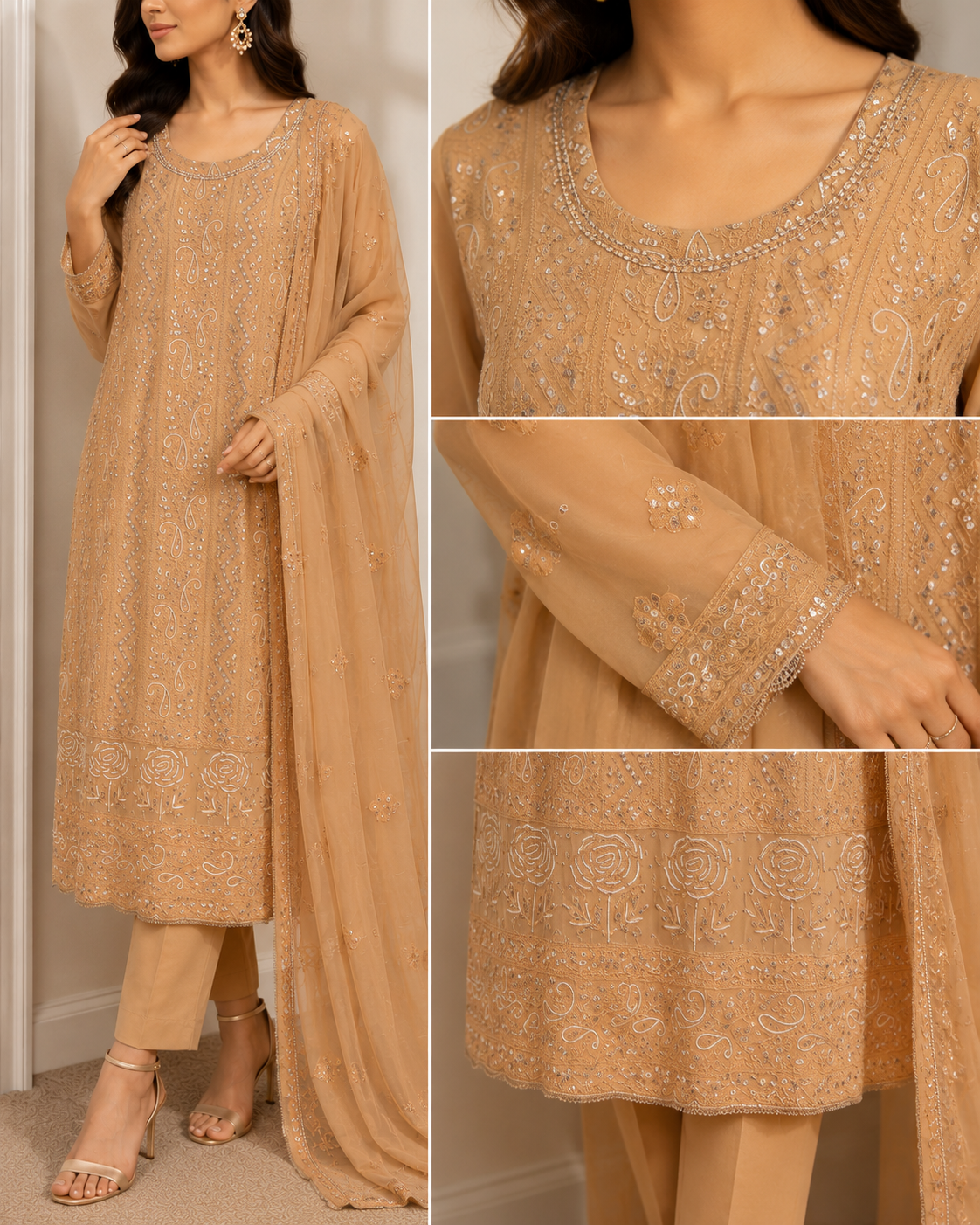 Lucknowi Chikankari Georgette 3-Piece Suit Set with  Kasab Handwork Detailing