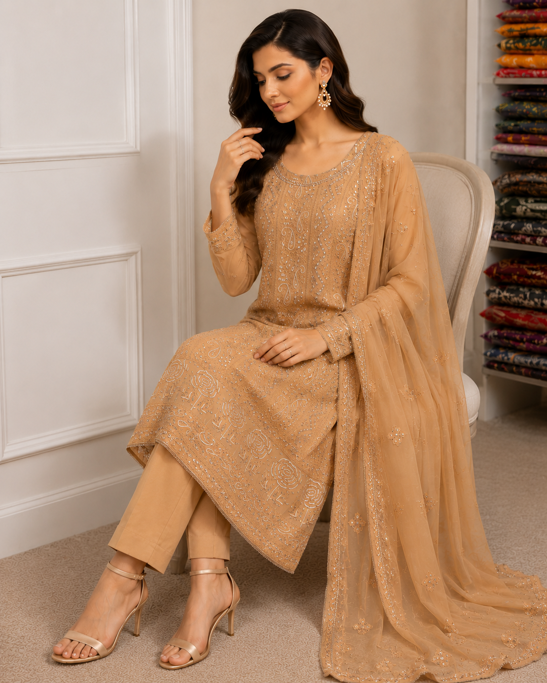 Lucknowi Chikankari Georgette 3-Piece Suit Set with  Kasab Handwork Detailing