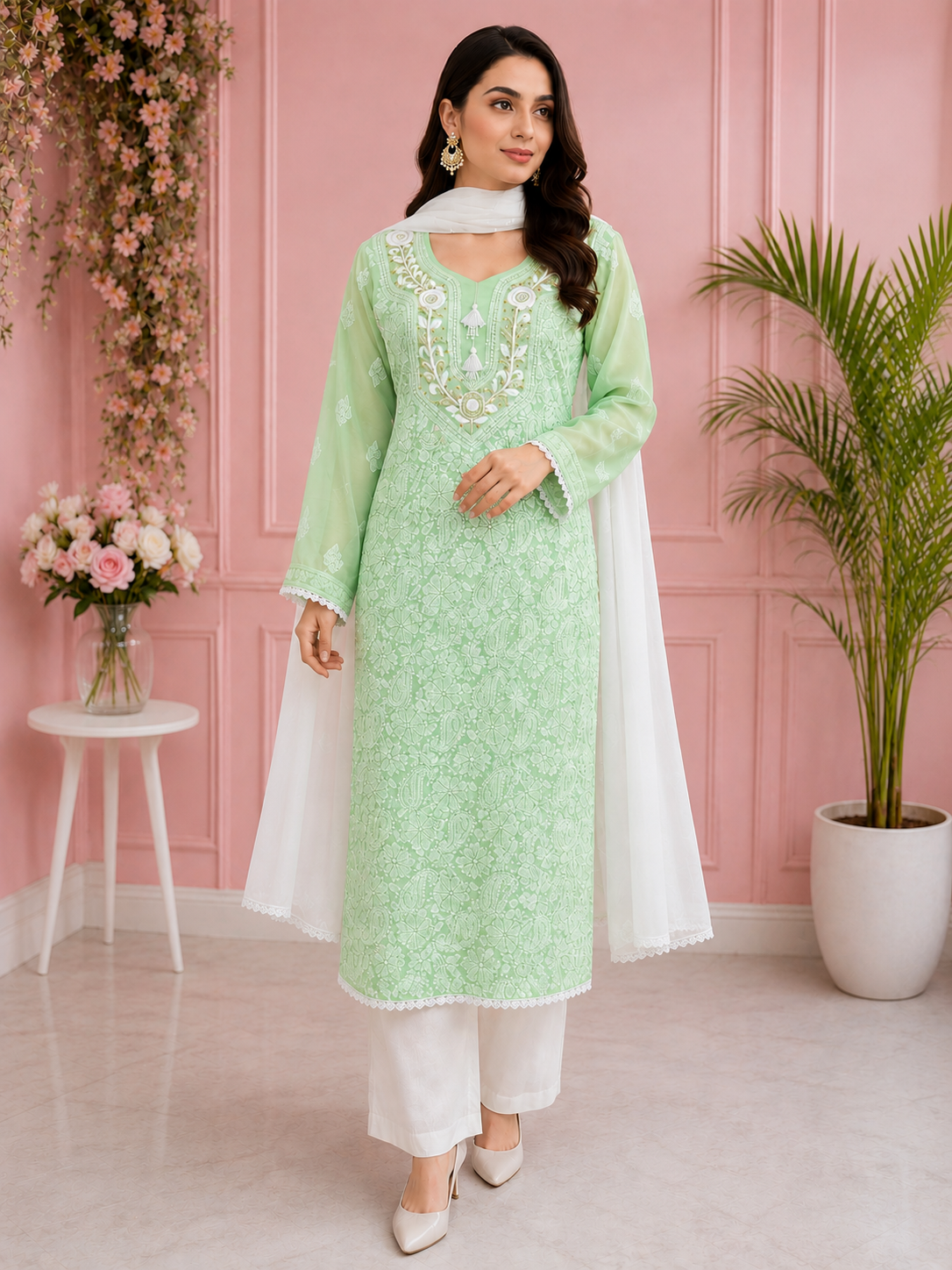 Premium Lucknowi Chikankari Parsi Gara Suit Set