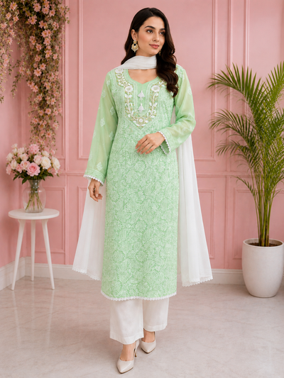 Premium Lucknowi Chikankari Parsi Gara Suit Set