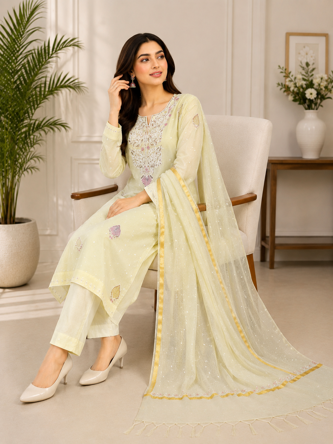 Mul Chanderi Lucknowi Chikankari Suit Set with Pitta & Pearl Work