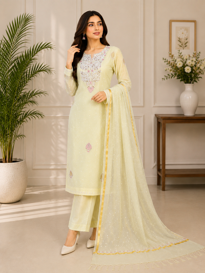 Mul Chanderi Lucknowi Chikankari Suit Set with Pitta & Pearl Work