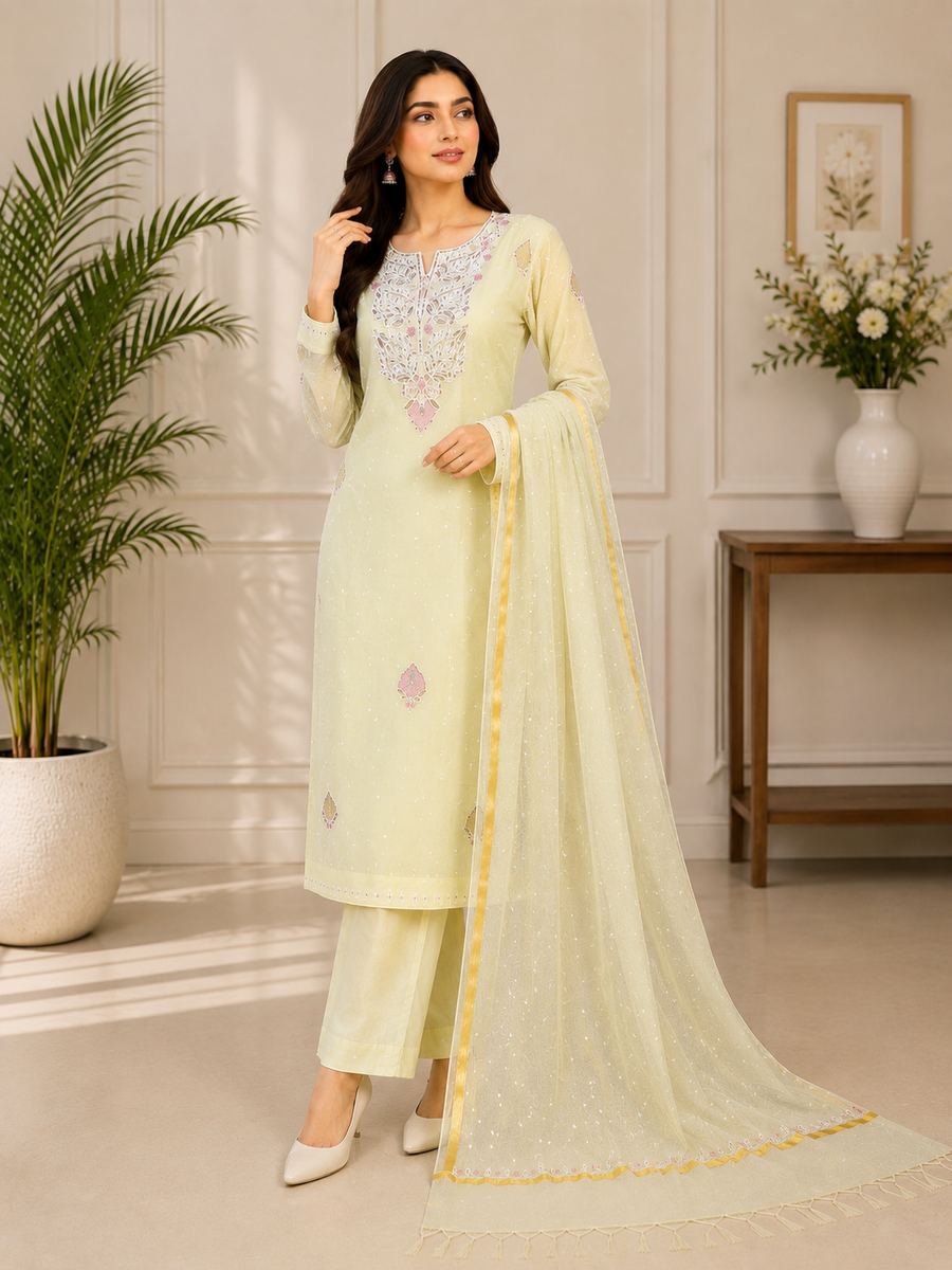 Mul Chanderi Lucknowi Chikankari Suit Set with Pitta & Pearl Work