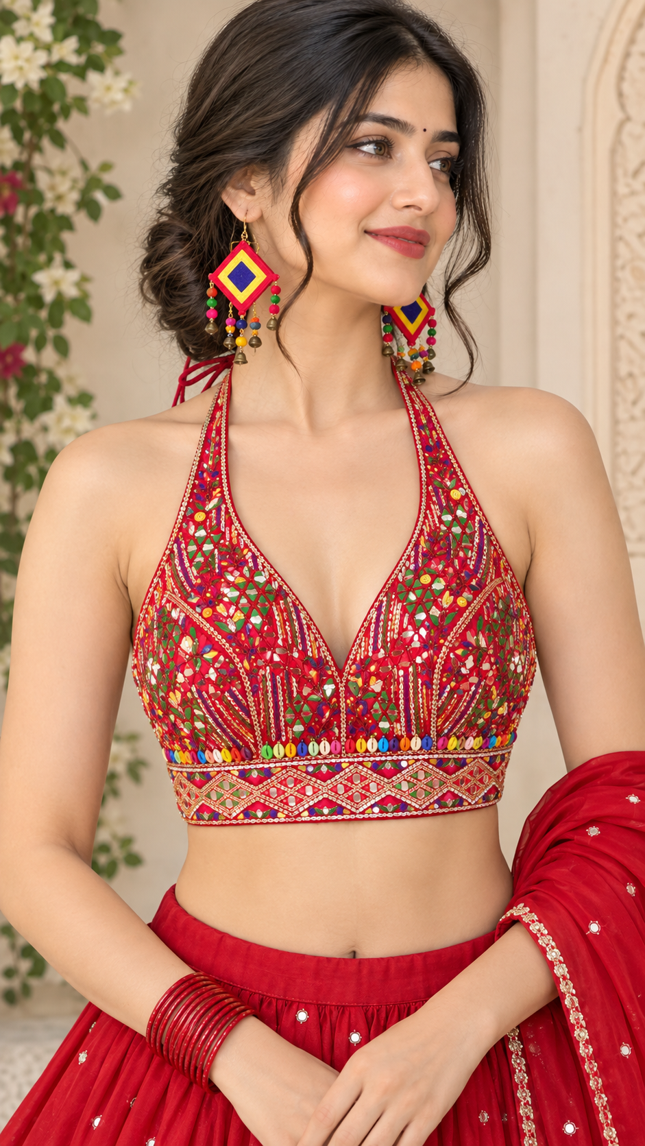Navratri Look Mirror Work Halter Neck Blouse