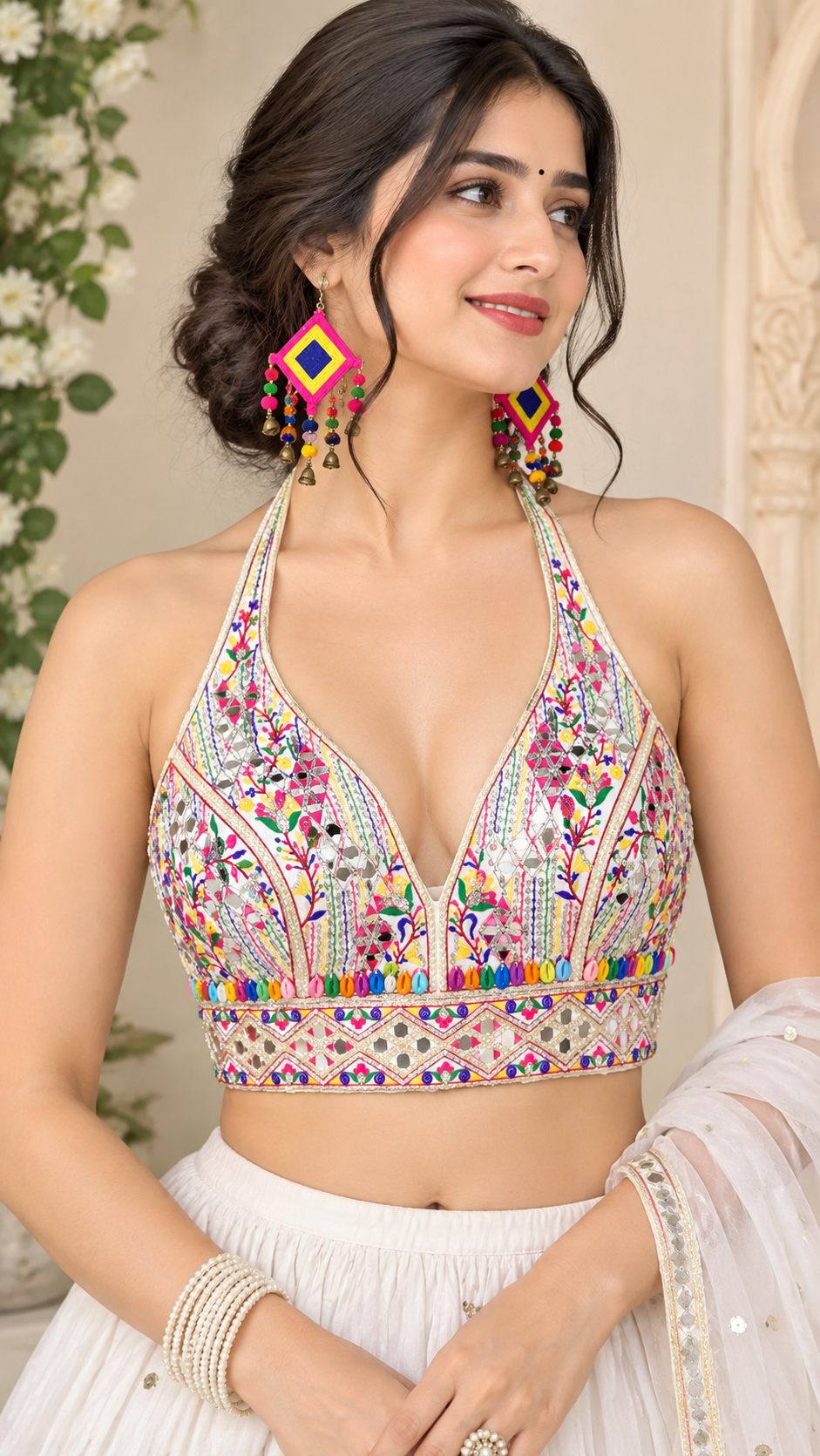 Navratri Look Mirror Work Halter Neck Blouse