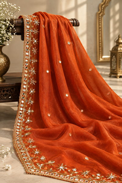 Elegant Embroidered Dupatta with Gold Floral Work & Sequin Border