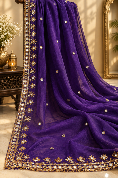 Elegant Embroidered Dupatta with Gold Floral Work & Sequin Border
