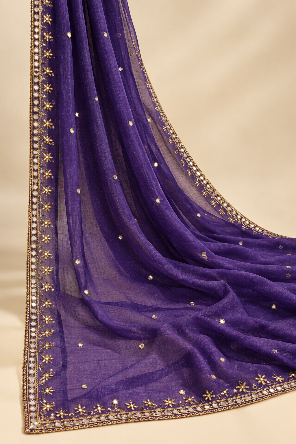 Elegant Embroidered Dupatta with Gold Floral Work & Sequin Border