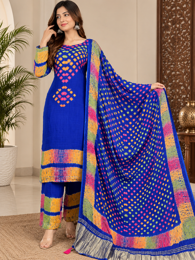 Hand-Dyed Modal Silk Suit Set with Multi Shibori & Bandhej Dupatta | Traditional Ethnic Wear