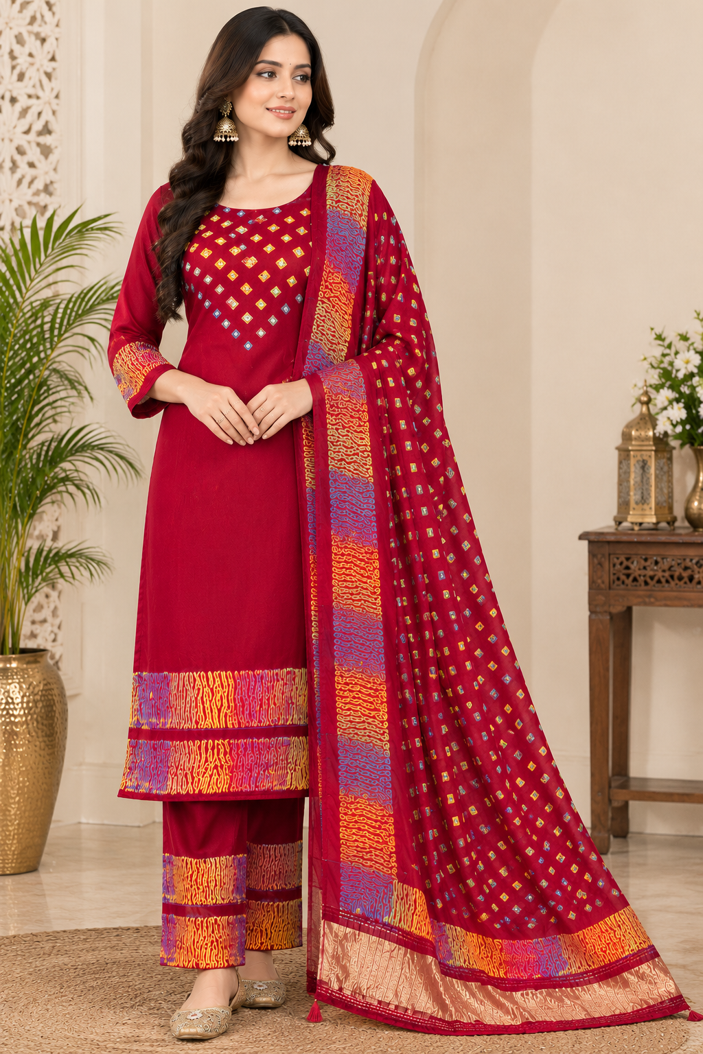 Hand-Dyed Modal Silk Suit Set with Multi Shibori & Bandhej Dupatta | Traditional Ethnic Wear