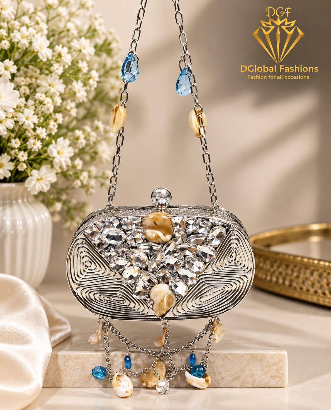 Handcrafted Shell Clutch with Crystal Embellishments & Chain Strap