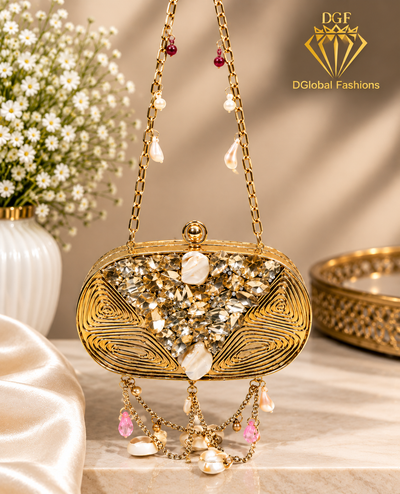 Handcrafted Shell Clutch with Crystal Embellishments & Chain Strap