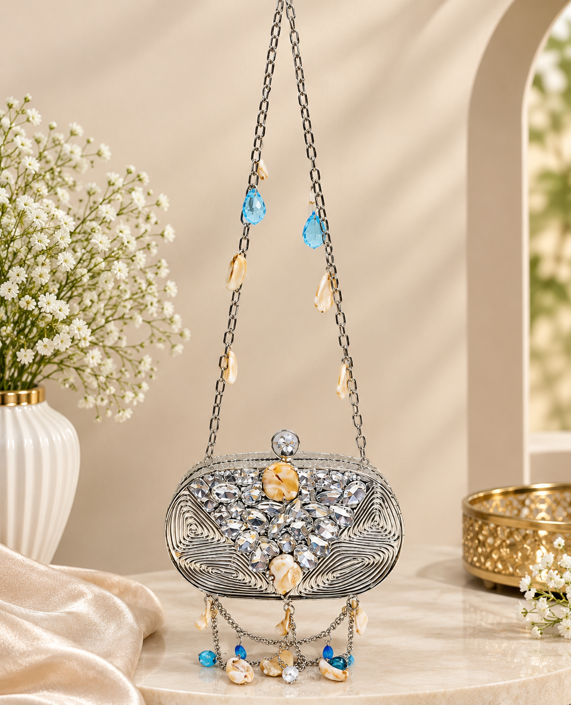 Handcrafted Shell Clutch with Crystal Embellishments & Chain Strap